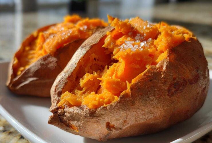 Close-up of a fluffy baked sweet potato split open and topped with coarse sea salt.