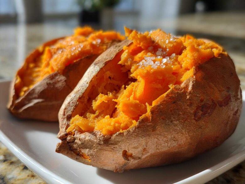 Close-up of a fluffy baked sweet potato split open and topped with coarse sea salt.
