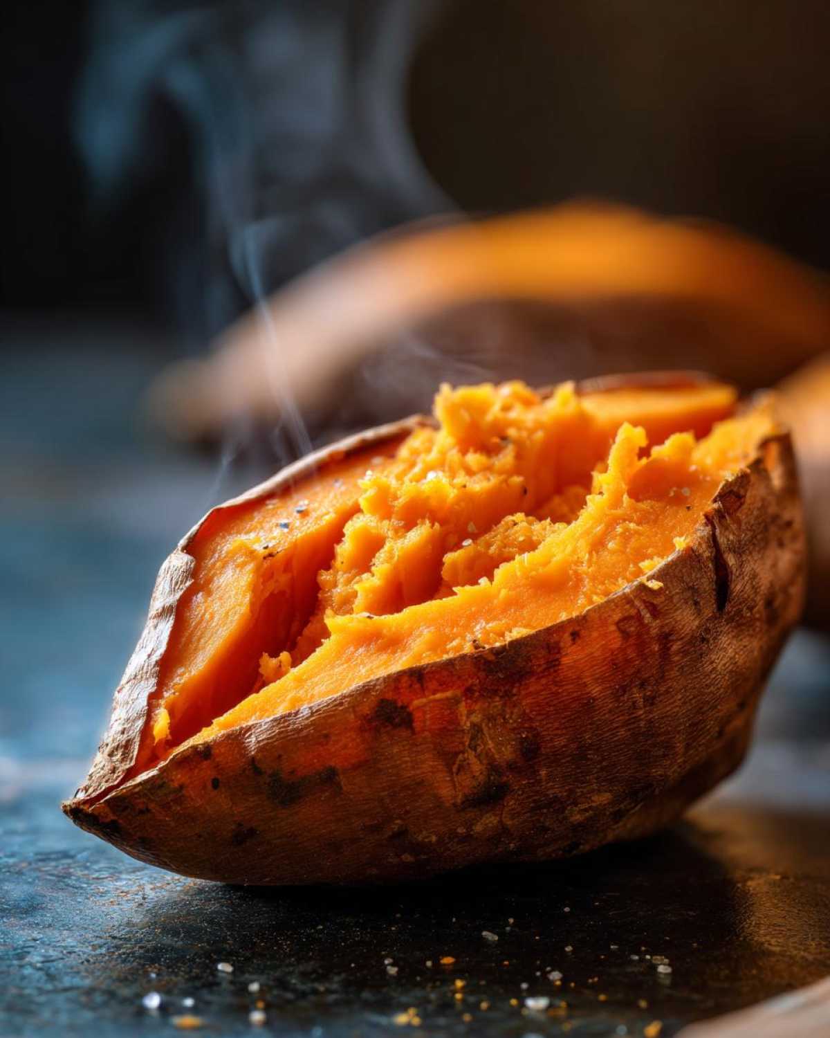 Close-up of a steaming baked sweet potato, split open to show fluffy orange interior seasoned with salt and pepper.