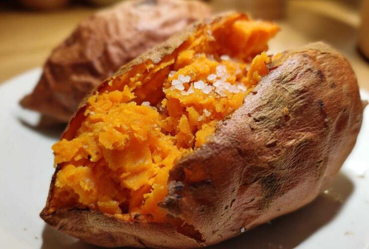 Close-up of a fluffy baked sweet potatoes split open and topped with coarse sea salt.