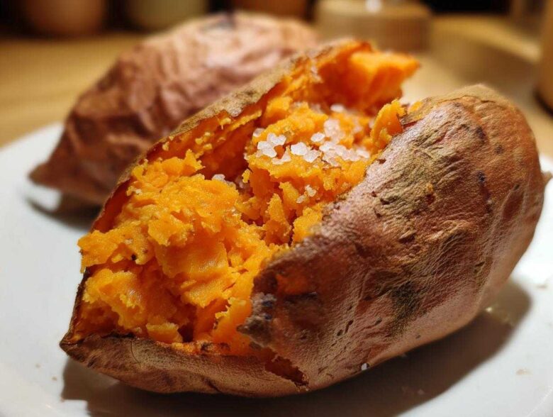 Close-up of a fluffy baked sweet potatoes split open and topped with coarse sea salt.