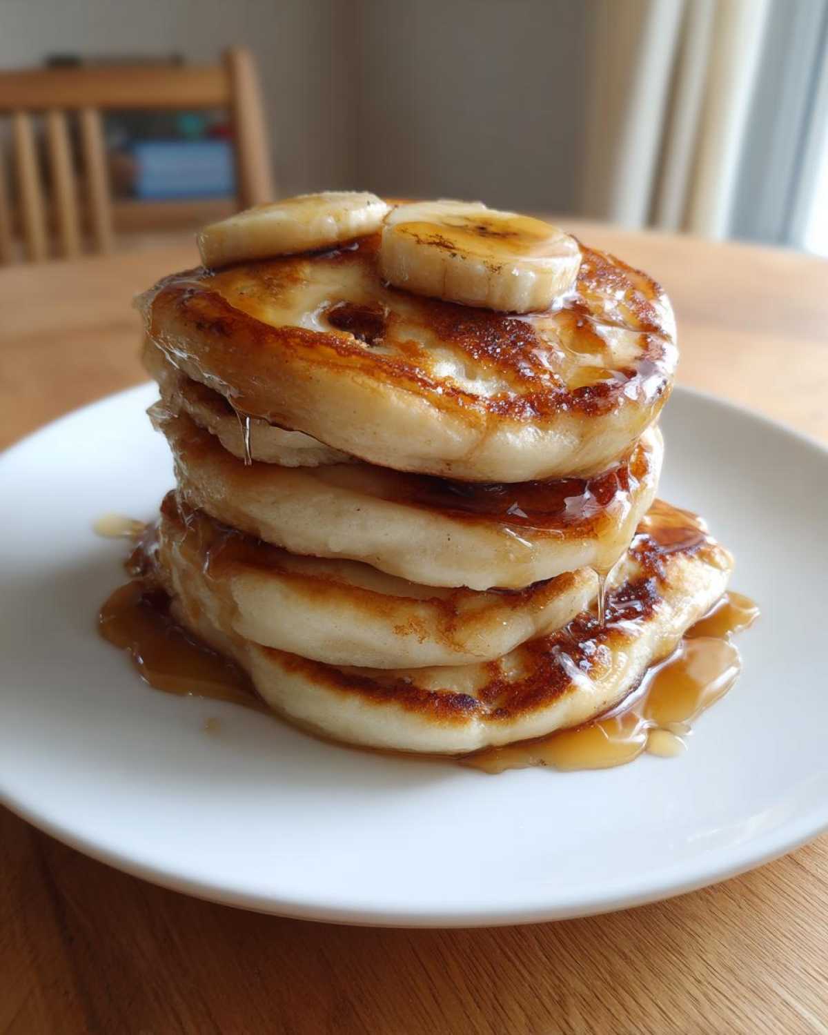 A tall stack of four fluffy banana pancakes drizzled with syrup and topped with banana slices.