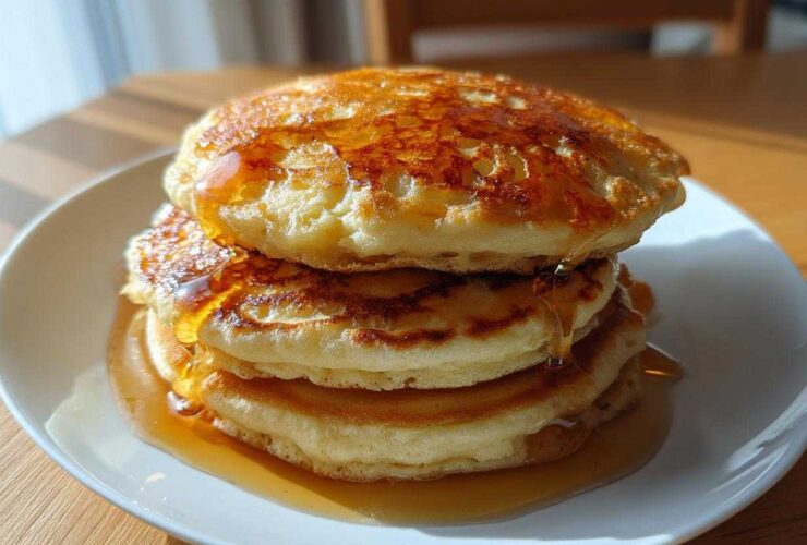 A tall stack of three fluffy banana pancakes drizzled generously with golden syrup.