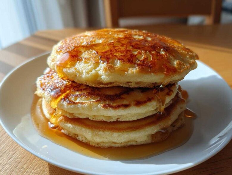 A tall stack of three fluffy banana pancakes drizzled generously with golden syrup.