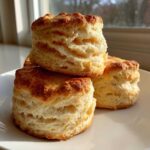 A stack of three tall, flaky buttermilk biscuits with golden brown tops sitting on a white plate.