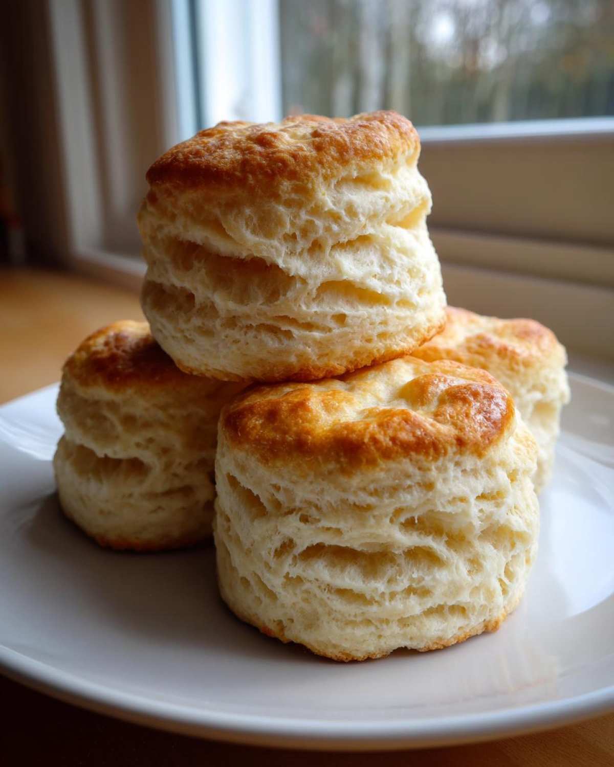 A stack of four tall, flaky buttermilk biscuits with golden tops resting on a white plate.