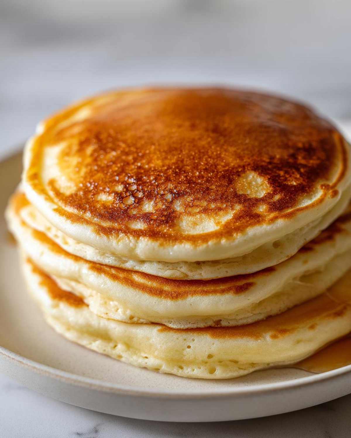 A close-up stack of four fluffy greek yogurt pancakes with golden-brown tops on a light plate.