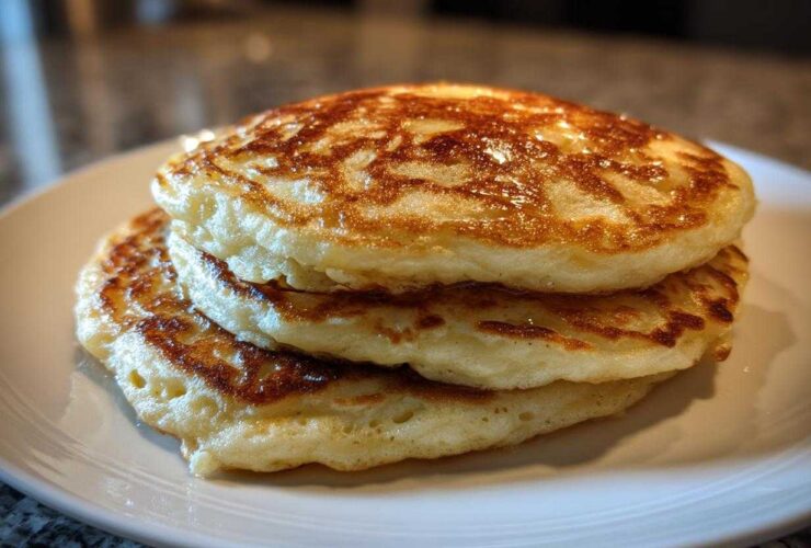 A close-up stack of three fluffy greek yogurt pancakes with golden brown tops served on a white plate.