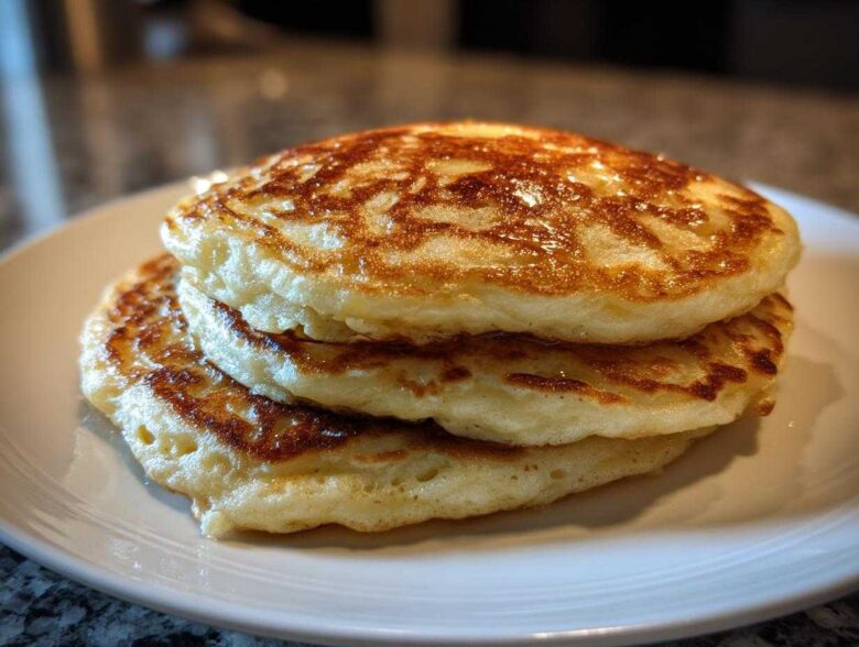 A close-up stack of three fluffy greek yogurt pancakes with golden brown tops served on a white plate.