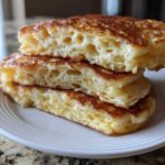 Close-up of three thick, fluffy pancakes stacked, showing the airy, bubbly interior texture.
