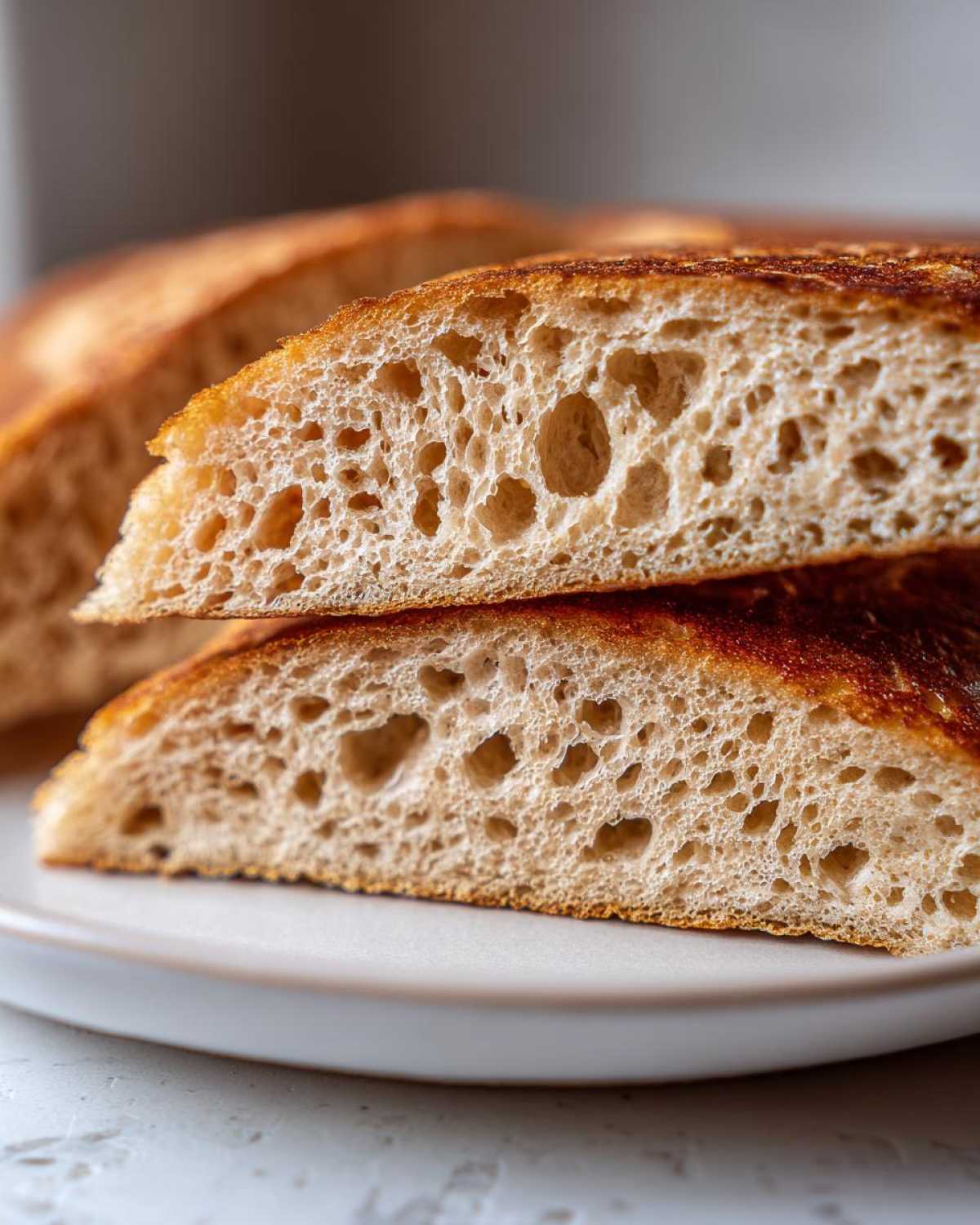 Close-up of two stacked, cut pancakes showing the incredibly airy, open crumb structure achieved for fluffy pancakes.