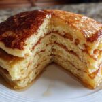 Close-up of fluffy pancakes cut in half showing the airy interior texture, drizzled with golden syrup.