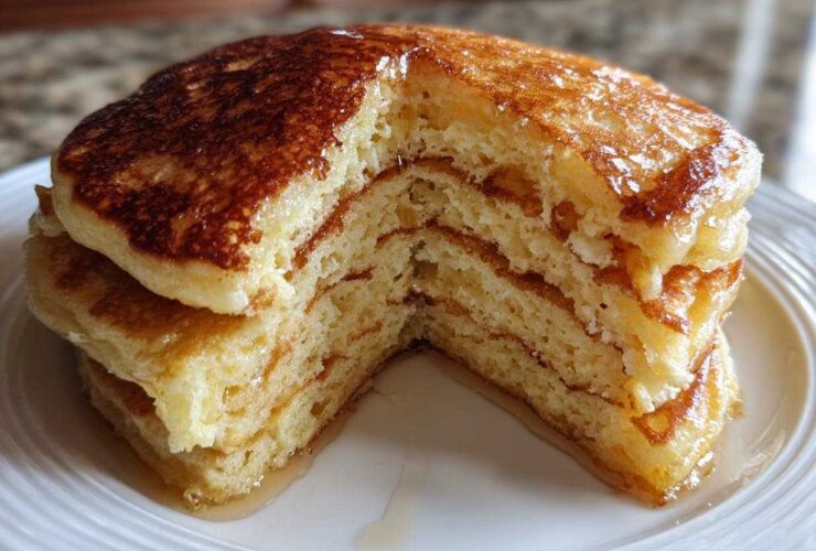 Close-up of fluffy pancakes cut in half showing the airy interior texture, drizzled with golden syrup.
