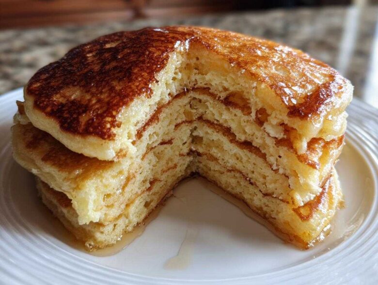 Close-up of fluffy pancakes cut in half showing the airy interior texture, drizzled with golden syrup.