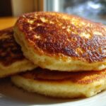 Close-up of a stack of three golden-brown, incredibly fluffy pancakes with a beautifully browned, textured top.