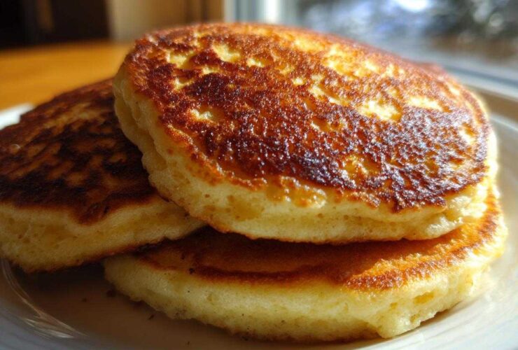 Close-up of a stack of three golden-brown, incredibly fluffy pancakes with a beautifully browned, textured top.