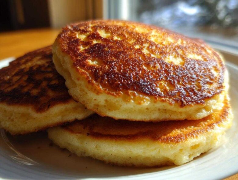 Close-up of a stack of three golden-brown, incredibly fluffy pancakes with a beautifully browned, textured top.