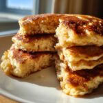 A stack of incredibly fluffy pancakes, cut open to show the airy interior, highlighting the golden brown sear.