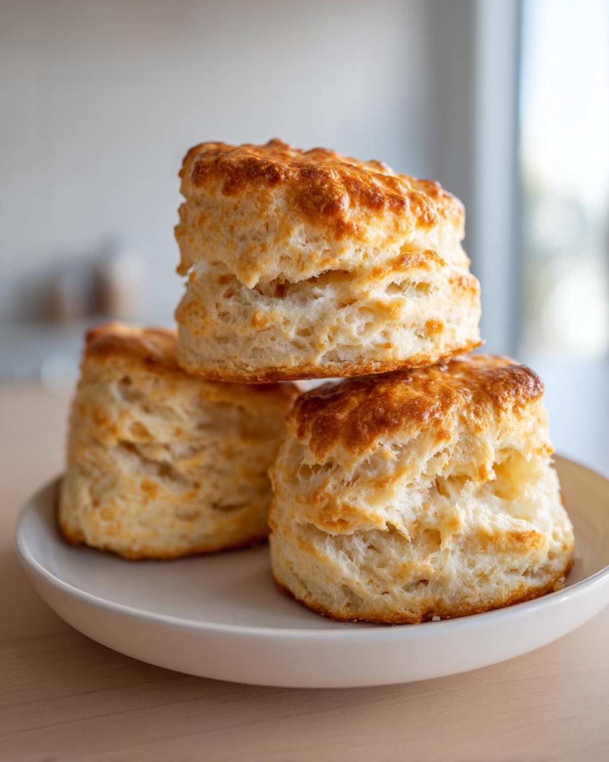 Three tall, golden-brown, fluffy scones stacked on a white plate, showcasing their flaky layers.