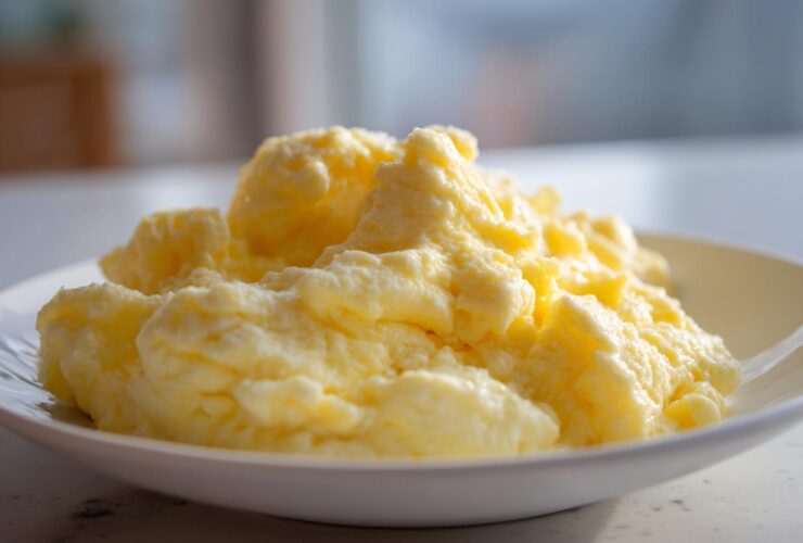Close-up of incredibly fluffy scrambled eggs piled high on a white plate, showcasing their soft texture.
