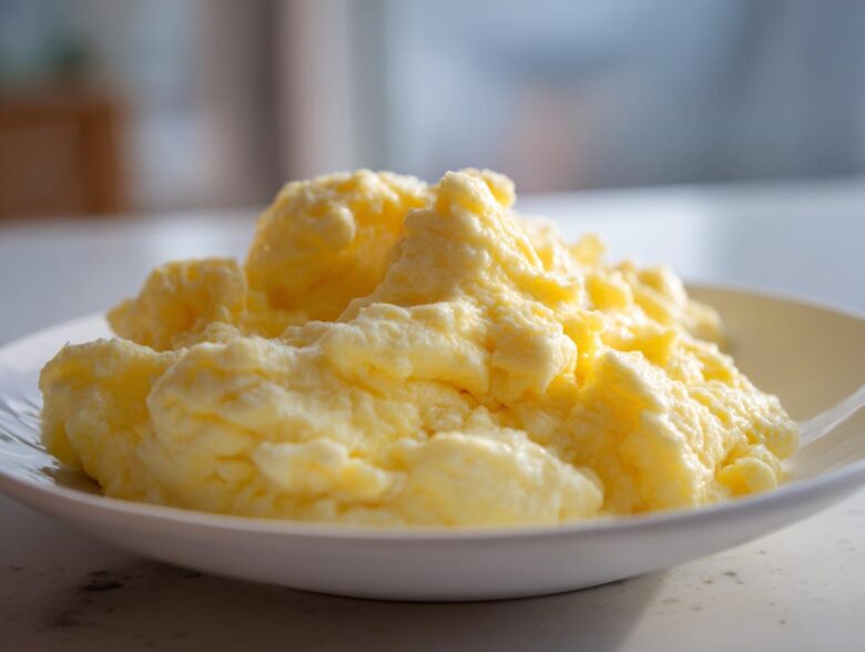 Close-up of incredibly fluffy scrambled eggs piled high on a white plate, showcasing their soft texture.