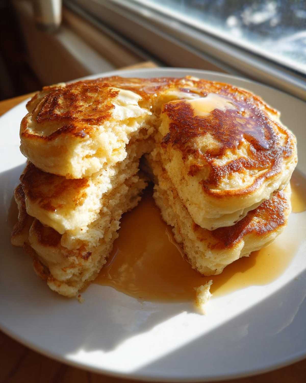 A stack of fluffy sourdough pancakes with a piece broken out, drizzled with melting butter and syrup.