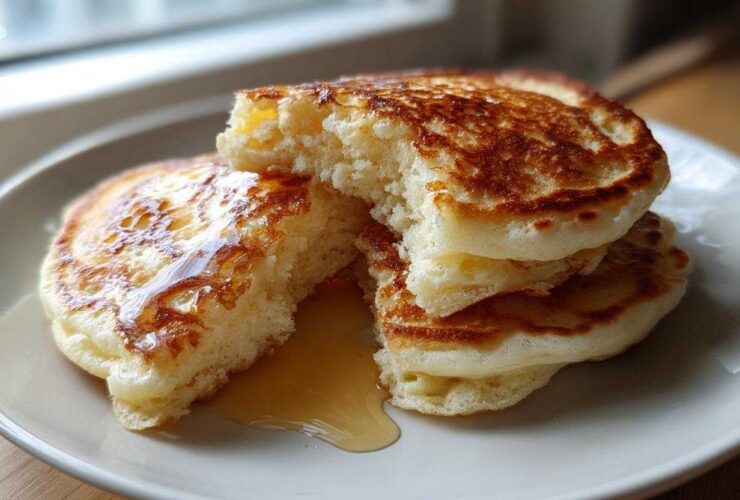 A stack of fluffy sourdough pancakes, one broken open to show the airy interior, drizzled with syrup.