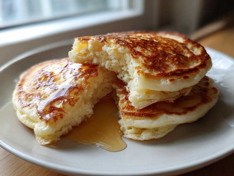 A stack of fluffy sourdough pancakes, one broken open to show the airy interior, drizzled with syrup.