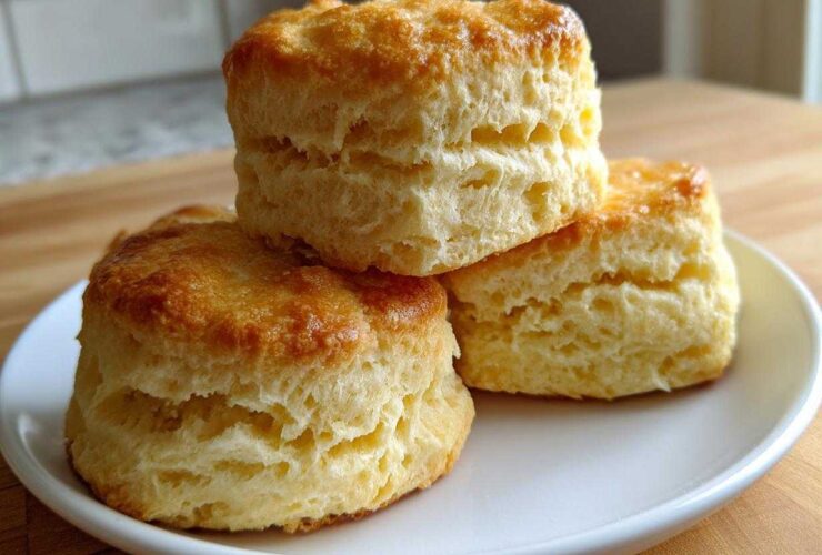 A stack of three tall, fluffy, golden brown scones displayed on a white plate.