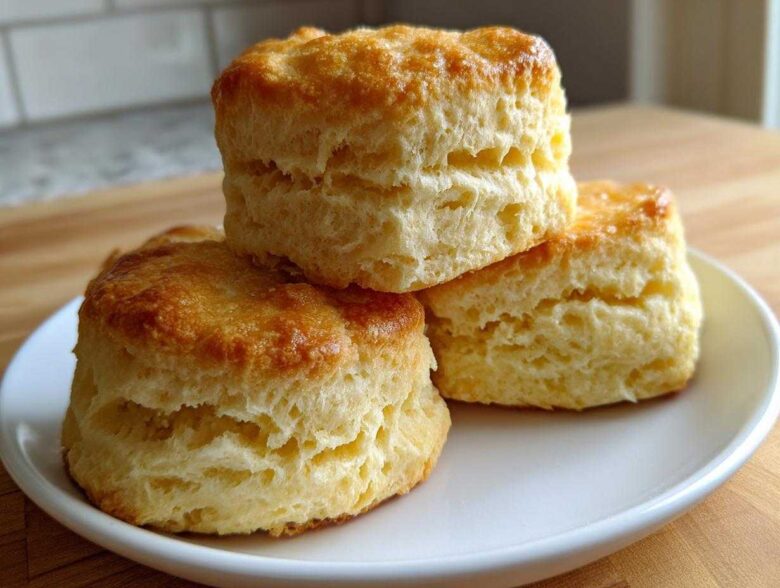 A stack of three tall, fluffy, golden brown scones displayed on a white plate.