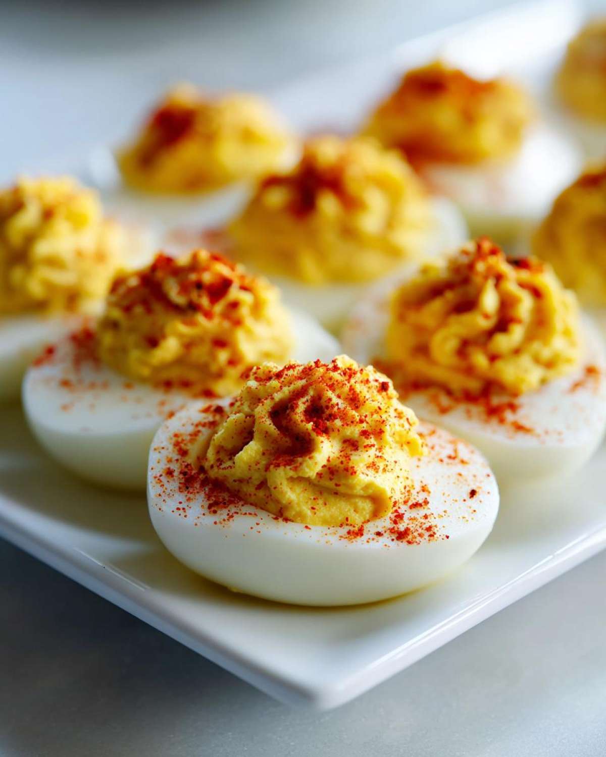 Close-up of several perfectly made deviled eggs, piped with creamy filling and sprinkled with paprika.