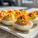 A row of perfectly piped, creamy deviled eggs dusted with bright red paprika on a white platter.