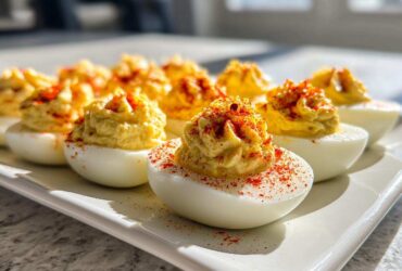 A row of perfectly piped, creamy deviled eggs dusted with bright red paprika on a white platter.