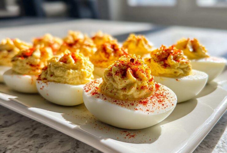 A row of perfectly piped, creamy deviled eggs dusted with bright red paprika on a white platter.