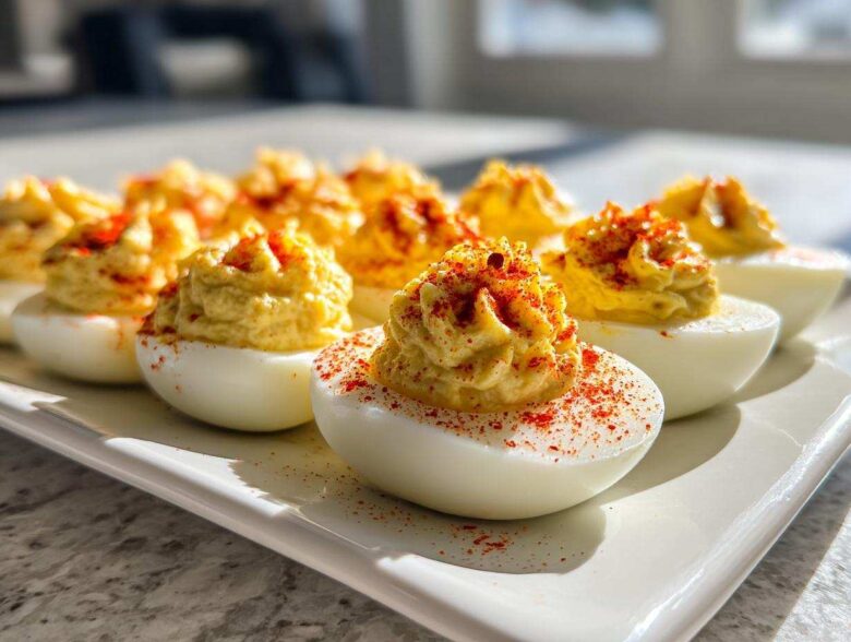 A row of perfectly piped, creamy deviled eggs dusted with bright red paprika on a white platter.