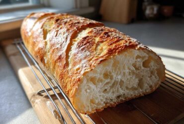 Close-up of a golden-crusted, freshly baked French bread loaf resting on a cooling rack, showing an airy interior.