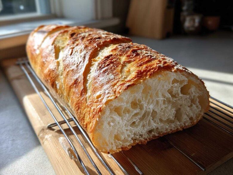 Close-up of a golden-crusted, freshly baked French bread loaf resting on a cooling rack, showing an airy interior.