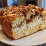 A thick, square slice of french toast casserole with a creamy center and cinnamon streusel topping.