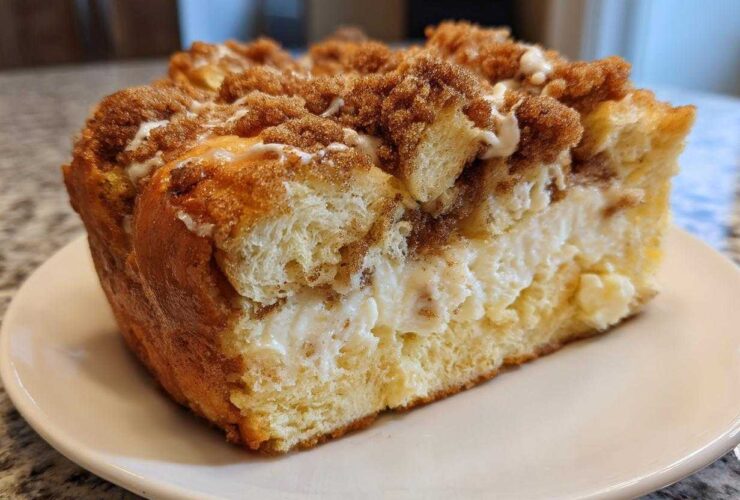 A thick, square slice of french toast casserole with a creamy center and cinnamon streusel topping.