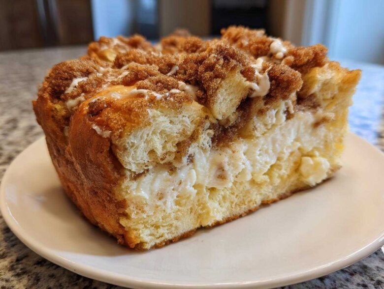 A thick, square slice of french toast casserole with a creamy center and cinnamon streusel topping.