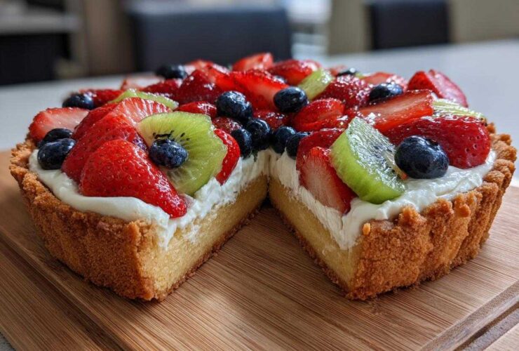 A cross-section view of a fruit pizza sugar cookie tart topped with cream cheese frosting, strawberries, kiwi, and blueberries.