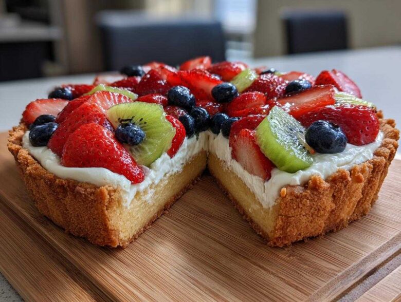 A cross-section view of a fruit pizza sugar cookie tart topped with cream cheese frosting, strawberries, kiwi, and blueberries.