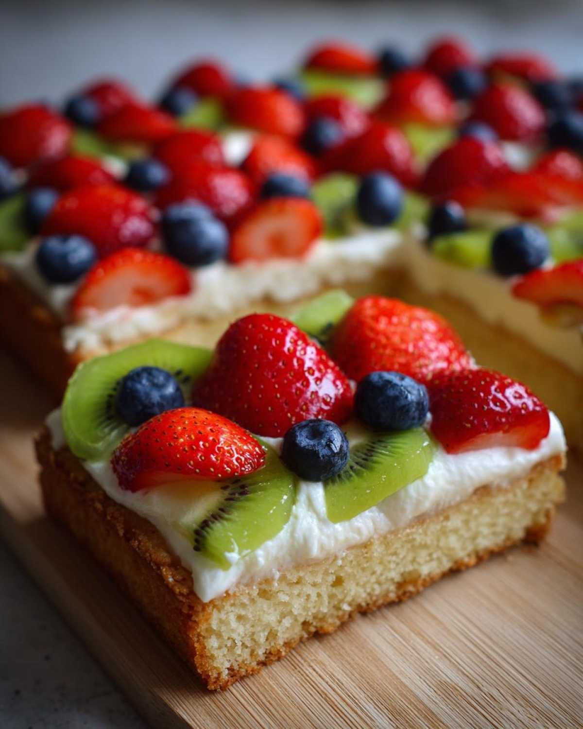 A close-up slice of fruit pizza sugar cookie topped with cream cheese frosting, strawberries, kiwi, and blueberries.