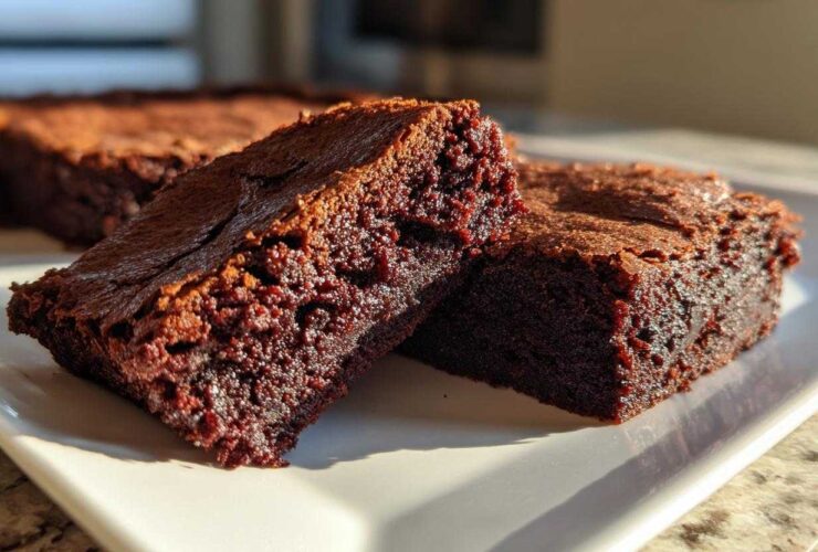 Close-up of two rich, fudgy sweet potato brownies cut into squares, resting on a white plate.