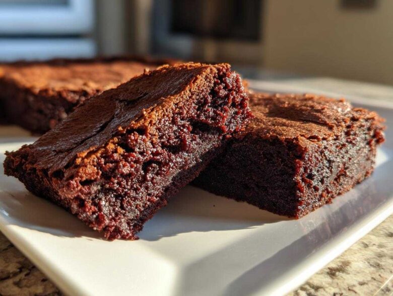 Close-up of two rich, fudgy sweet potato brownies cut into squares, resting on a white plate.