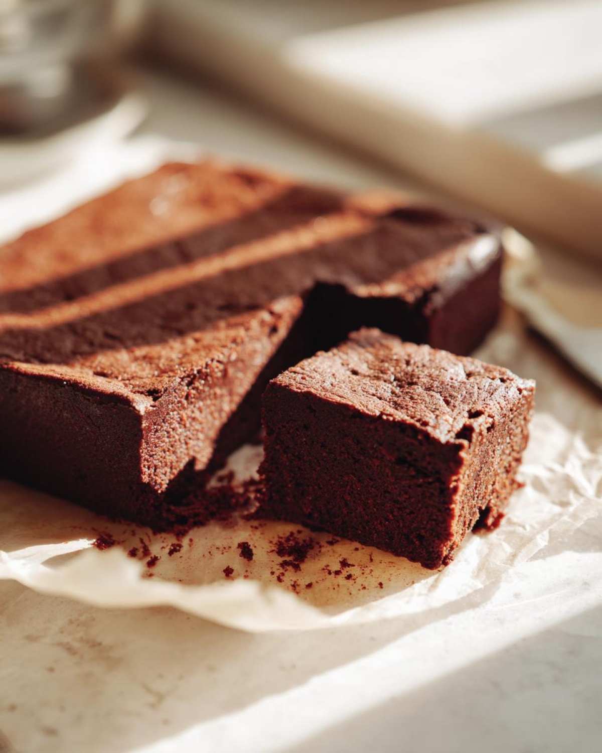 Close-up of fudgy sweet potato brownies on parchment paper, with one square piece cut out.