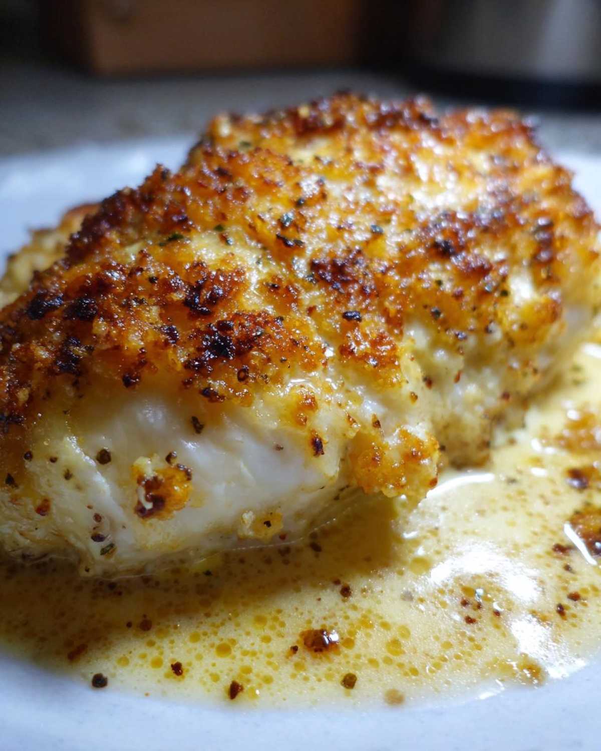 Close-up of a perfectly baked Garlic Parmesan Chicken Bake with a golden, crispy topping and creamy sauce.