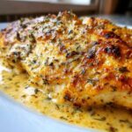 Close-up of a perfectly baked Garlic Parmesan Chicken Bake, covered in herbs and resting in a creamy sauce.