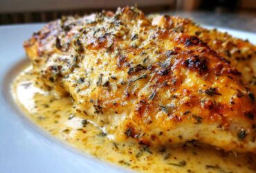 Close-up of a perfectly baked Garlic Parmesan Chicken Bake, covered in herbs and resting in a creamy sauce.