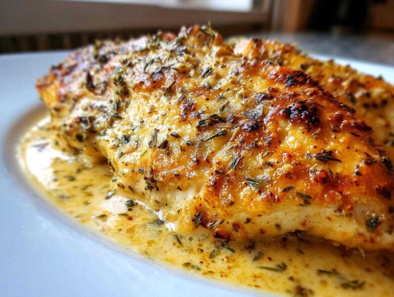 Close-up of a perfectly baked Garlic Parmesan Chicken Bake, covered in herbs and resting in a creamy sauce.